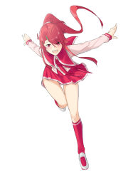 Rule 34 | 1girl, :d, character request, floating hair, hair ornament, hairclip, kneehighs, leg up, long hair, long sleeves, looking at viewer, miniskirt, neckerchief, open mouth, outstretched arms, pink shirt, pleated skirt, ponytail, red eyes, red hair, red neckerchief, red skirt, red socks, running, saruno (eyesonly712), shirt, simple background, skirt, smile, socks, solo, very long hair, white background