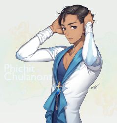 Rule 34 | 10s, 1boy, amg (nwmnmllf), artist name, black hair, character name, dark-skinned male, dark skin, grey eyes, hands on own head, male focus, parted lips, phichit chulanont, solo, yuri!!! on ice