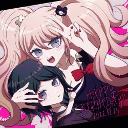 Rule 34 | 2girls, bear hair ornament, black hair, blonde hair, blue eyes, bow, breasts, cleavage, collarbone, commentary request, danganronpa: trigger happy havoc, danganronpa (series), dated, enoshima junko, freckles, hair ornament, happy birthday, ikusaba mukuro, large breasts, long hair, looking at viewer, mikao (eanv5385), multiple girls, nail polish, necktie, red bow, red nails, school uniform, shirt, short hair, siblings, sisters, skirt, smile, twintails