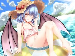 Rule 34 | 1girl, ;), alternate headwear, arm support, ass, bad feet, bare arms, bare shoulders, bat wings, bikini, blue hair, blue sky, blush, bow, breasts, brown hat, cleavage, cloud, collarbone, commentary request, day, dutch angle, feet out of frame, grin, hair between eyes, hand up, hat, hat bow, head tilt, innertube, knees up, light rays, looking at viewer, mumu-crown, navel, one eye closed, outdoors, red bow, red eyes, remilia scarlet, see-through, shiny skin, short hair, sitting, sky, small breasts, smile, solo, stomach, sun, sun hat, swim ring, swimsuit, thighs, touhou, water, white bikini, wings