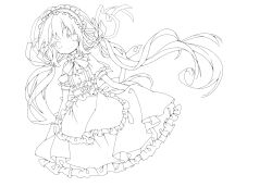 Rule 34 | 1girl, apron, curtain (posuinochuanglian), dress, greyscale, hair ribbon, highres, lineart, long hair, looking at viewer, maid headdress, monochrome, original, puffy sleeves, ribbon, sash, shirt, short sleeves, solo, transparent background, twintails, very long hair, waist apron