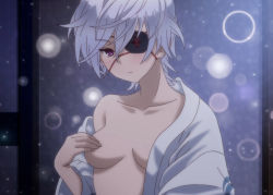 Rule 34 | 10s, 1girl, breasts, covering nipples, covering one nipple, covering privates, eyepatch, hands on own chest, medium breasts, oboro (yuragisou no yuuna-san), purple eyes, screencap, short hair, silver hair, solo, yuragisou no yuuna-san