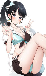 Rule 34 | 1girl, :o, aqua panties, arm garter, bare legs, bare shoulders, black hair, blush, breasts, cleavage, collarbone, cropped shirt, double v, earrings, feet out of frame, food-themed earrings, gawawawa, highres, idolmaster, idolmaster shiny colors, jewelry, kazano hiori, legs up, medium breasts, mint chocolate, panties, shirt, side ponytail, simple background, sleeveless, sleeveless shirt, solo, tied shirt, two-tone shirt, two-tone skirt, underwear, v, white background