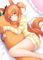 Rule 34 | 1girl, 7fuji 06, alternate costume, animal ears, bed sheet, bow, carrot-shaped pillow, commentary request, ear bow, feet out of frame, highres, horse ears, horse girl, horse tail, hugging object, long hair, long sleeves, looking at viewer, lying, mayano top gun (umamusume), on side, orange hair, pajamas, pillow, pillow hug, pout, raised eyebrows, shorts, sleeves past wrists, solo, stuffed carrot, tail, thighhighs, thighs, two side up, umamusume, yellow eyes