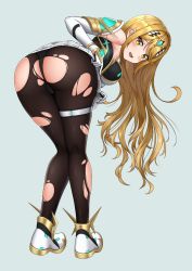 Rule 34 | 1girl, armor, ass, black pantyhose, blonde hair, blush, boots, breasts, commentary, covered navel, earrings, elbow gloves, gem, gloves, green background, hair ornament, headpiece, highres, jewelry, knees together feet apart, large breasts, long hair, looking at viewer, mythra (massive melee) (xenoblade), mythra (xenoblade), nemunemu semi, nervous, nintendo, open mouth, panties, pantyhose, shoulder armor, shy, simple background, solo, spirit (super smash bros.), super smash bros., swept bangs, tiara, torn clothes, torn pantyhose, tsundere, underwear, very long hair, white background, xenoblade chronicles (series), xenoblade chronicles 2