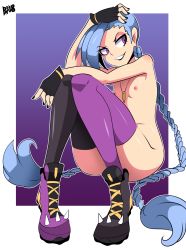 Rule 34 | 1girl, ass, bigdead, black lips, blue hair, braid, breasts, grin, highres, jinx (league of legends), league of legends, long hair, multicolored clothes, multicolored legwear, nipples, nude, purple eyes, shoes, sitting, small breasts, smile, solo, spiked shoes, spikes, stomach tattoo, tattoo, thighhighs, twin braids, very long hair