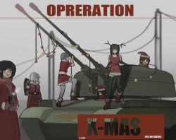 Rule 34 | 6+girls, anti-aircraft, anti-aircraft gun, artist request, black hair, breasts, brown hair, christmas, christmas lights, commentary, english commentary, english text, hat, highres, military, military vehicle, motor vehicle, multiple girls, original, people&#039;s liberation army, pgz-80, scarf, short hair, skirt, smile, tank, white hair