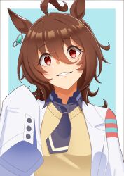 Rule 34 | 1girl, absurdres, agnes tachyon (umamusume), animal ears, black necktie, black shirt, blue background, border, breasts, brown hair, closed mouth, collared shirt, commentary request, dot nose, double-parted bangs, earrings, eyes visible through hair, grin, hair between eyes, hands up, highres, holding, horse ears, horse girl, jacket, jewelry, lab coat, lapels, light blush, looking at viewer, medium hair, necktie, notched lapels, open clothes, open jacket, outside border, pen, red eyes, senchan 7, shirt, short necktie, sidelocks, simple background, single earring, sleeves past fingers, sleeves past wrists, small breasts, smile, solo, sweater, teeth, umamusume, upper body, upper teeth only, white border, white jacket, yellow sweater