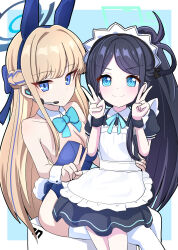 Rule 34 | 2girls, animal ears, apron, aqua bow, aqua bowtie, aqua ribbon, aris (blue archive), aris (maid) (blue archive), bare shoulders, black-haired demon girl (shimmer), blonde hair, blue archive, blue bow, blue eyes, blue hairband, blue leotard, bow, bowtie, braid, breasts, cleavage, commentary, cowboy shot, detached collar, double v, earpiece, expressionless, fake animal ears, fake tail, flat chest, french braid, hair bow, hairband, halo, highres, leotard, long hair, maid apron, maid headdress, medium breasts, multiple girls, neck ribbon, official alternate costume, parted bangs, playboy bunny, rabbit ears, rabbit tail, ribbon, ringed eyes, sitting, smile, strapless, strapless leotard, tail, thighhighs, toki (blue archive), toki (bunny) (blue archive), v, very long hair, white thighhighs, whitelily bread, wing collar