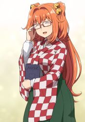 Rule 34 | 1girl, aged up, bell, blush, book, checkered clothes, checkered kimono, closed eyes, glasses, green skirt, hair bell, hair ornament, holding, holding book, japanese clothes, jingle bell, kimono, long hair, long sleeves, motoori kosuzu, open mouth, orange hair, red-framed eyewear, shirosato, skirt, smile, solo, touhou, two side up, wide sleeves