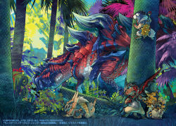 Rule 34 | all fours, armor, arzuros (armor), between legs, blue eyes, capcom, cat, clenched teeth, climbing, climbing tree, closed eyes, copyright notice, dragon, felyne, forest, from side, fuse ryuuta, glavenus, hands on own face, hiding, holding, holding sword, holding weapon, jaw, monster, monster hunter, monster hunter (series), monster hunter x, nature, no humans, rathalos (armor), spikes, sweat, sword, tail, tail between legs, teeth, tigrex (armor), tree, tyrannosaurus rex, weapon, wyvern, zinogre (armor)