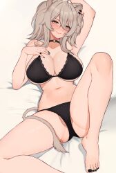 Rule 34 | 1girl, absurdres, animal ears, arm up, barefoot, black bra, black choker, black panties, bra, breasts, choker, cleavage, closed mouth, ear piercing, feet, foot out of frame, glasses, grey eyes, grey hair, hair between eyes, hand on own chest, highres, hololive, knee up, large breasts, legs, lion ears, lion tail, looking at viewer, nail polish, navel, on bed, panties, partially visible vulva, piercing, shishiro botan, smile, solo, stomach, tail, toenail polish, toenails, toes, underwear, varniskarnis, virtual youtuber