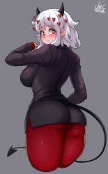 Rule 34 | 1girl, :i, absurdres, ass, black horns, blush, breasts, cropped legs, demon girl, demon horns, grey background, heart, heart-shaped pupils, helltaker, highres, horns, jmg, large breasts, long sleeves, looking back, modeus (helltaker), pantyhose, red eyes, simple background, sweater, symbol-shaped pupils, thighs, turtleneck, turtleneck sweater, white hair