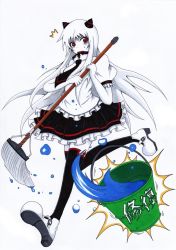 Rule 34 | 10s, 1girl, abyssal ship, airfield princess, alternate costume, bucket, colored skin, enmaided, highres, holding, horns, kantai collection, long hair, maid, marker (medium), mop, open mouth, red eyes, shiracha, solo, surprised, sweat, traditional media, water, white hair, white skin