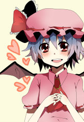 Rule 34 | 1girl, bad id, bad pixiv id, blush, female focus, hat, heart, highres, pun2, remilia scarlet, ribbon, simple background, solo, touhou, upper body