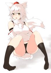 Rule 34 | 1girl, absurdres, animal ear fluff, animal ears, black panties, black socks, blush, breasts, commentary request, detached sleeves, full body, hair between eyes, hat, highres, houkai (collapse illust), inubashiri momiji, large breasts, looking at viewer, no pants, no shoes, open mouth, panties, pigeon-toed, pom pom (clothes), red hat, ribbon-trimmed sleeves, ribbon trim, shirt, short hair, simple background, sitting, sleeveless, sleeveless shirt, socks, solo, tail, tokin hat, touhou, turtleneck, turtleneck shirt, underwear, white background, white hair, white shirt, white sleeves, wolf ears, wolf girl, wolf tail