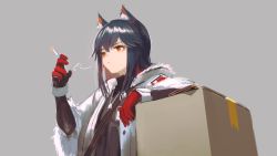 Rule 34 | 1girl, animal ear fluff, animal ears, arknights, arm rest, black hair, box, cardboard box, cigarette, closed mouth, grey background, hara shoutarou, highres, holding, holding cigarette, jacket, jewelry, long hair, long sleeves, multicolored hair, name tag, necklace, official alternate costume, orange eyes, red hair, simple background, smoking, solo, texas (arknights), texas (winter messenger) (arknights), turtleneck, two-tone hair, upper body, white jacket, wolf ears, wrist cuffs