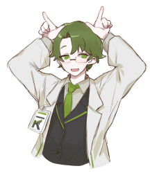 Rule 34 | 1boy, arms up, black jacket, coat, collared shirt, dongrang (project moon), glasses, green eyes, green hair, green necktie, highres, horns pose, jacket, limbus company, long sleeves, male focus, necktie, open mouth, project moon, shirt, smile, solo, uchimura (rino0525), white coat, white shirt, wing collar