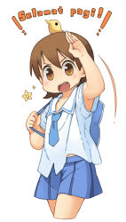 Rule 34 | 1girl, aioi yuuko, arm up, backpack, bad id, bad pixiv id, bag, blue bag, blue skirt, blush, brown eyes, brown hair, collared shirt, commentary request, highres, holding strap, indonesian text, looking at viewer, nichijou, nishimura (prism engine), open mouth, pleated skirt, school uniform, shirt, short sleeves, simple background, skirt, sparkle, star (symbol), teeth, tokisadame school uniform, tongue, white background, white shirt