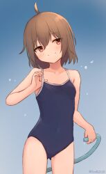 Rule 34 | 1girl, adjusting clothes, adjusting swimsuit, ahoge, artist name, blue background, breasts, brown hair, centi mnkt, cowboy shot, gradient background, highres, holding, holding hose, hose, light blue background, looking at viewer, new school swimsuit, one-piece swimsuit, original, red eyes, school swimsuit, short hair, sidelocks, simple background, small breasts, smile, standing, swimsuit, twitter username, water drop