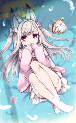 Rule 34 | 1girl, animal ear fluff, animal ears, animare, cardigan, covering own mouth, crossed ankles, dress, fox, highres, legs up, long hair, long sleeves, looking at viewer, lying, nanashi inc., on back, open cardigan, open clothes, pink cardigan, pink eyes, sailor dress, shiromiya mimi, silver hair, sleeves past wrists, socks, torinosu afro, two side up, virtual youtuber, white legwear