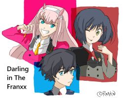 Rule 34 | 10s, 1boy, 2girls, black hair, blue eyes, blue hair, commentary request, copyright name, darling in the franxx, english text, flat color, green eyes, hair ornament, hairband, hand up, highres, hiro (darling in the franxx), horns, ichigo (darling in the franxx), long hair, long sleeves, looking at viewer, military, military uniform, multiple girls, necktie, one eye closed, oni horns, orange neckwear, pink hair, ranka2010, red horns, red neckwear, short hair, signature, sweatdrop, tongue, tongue out, uniform, white hairband, zero two (darling in the franxx)