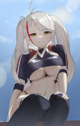 Rule 34 | 1girl, absurdres, azur lane, black legwear, breasts, clothing cutout, cropped jacket, cropped shirt, day, highres, hioblue, jacket, lens flare, long hair, looking at viewer, multicolored hair, official alternate costume, panties, panty straps, prinz eugen (azur lane), prinz eugen (final lap) (azur lane), purple jacket, race queen, red hair, red panties, sitting, smile, solo, streaked hair, teeth, two-tone hair, two-tone skirt, underboob, underboob cutout, underwear, white hair, yellow eyes