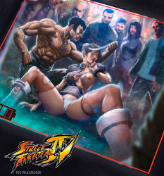 Rule 34 | 1boy, 1girl, abs, bad id, bad pixiv id, black hair, bracelet, breast slip, breasts, brown eyes, brown hair, bun cover, capcom, cellphone photo, china dress, chinese clothes, chun-li, crowd, defeat, double bun, dress, earrings, eyeshadow, fei long, highres, humiliation, imminent rape, jewelry, large breasts, lips, lipstick, looking at viewer, makeup, muscular, nipples, no bra, one breast out, panties, paulo barrios, public indecency, red lips, sash, topless male, short hair, sitting, solo focus, spiked bracelet, spikes, spread legs, street fighter, street fighter iv (series), thighhighs, torn clothes, torn legwear, underwear, white panties