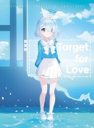 Rule 34 | 1girl, arona (blue archive), blue archive, blue eyes, blue hair, blue shirt, blue sky, bow, choker, closed mouth, cloud, commentary request, day, english text, full body, goyain, hair over one eye, hair ribbon, hairband, halo, highres, horizon, long sleeves, looking at viewer, ocean, pleated skirt, puffy long sleeves, puffy sleeves, ribbon, sailor collar, shirt, shoes, skirt, sky, smile, solo, standing, twitter, water, white bow, white choker, white footwear, white hairband, white ribbon, white sailor collar, white skirt, window