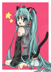 Rule 34 | ahoge, animal ears, aqua eyes, aqua hair, bad id, bad pixiv id, barefoot, cat ears, cat tail, detached sleeves, etou (cherry7), etou (pixiv446888), feet, hatsune miku, headset, long hair, looking back, number tattoo, open mouth, panties, shoulder tattoo, simple background, sitting, soles, solo, striped clothes, striped panties, tail, tattoo, toes, twintails, underwear, very long hair, vocaloid