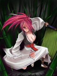 Rule 34 | 1girl, arc system works, atoshi, bad id, bad pixiv id, baiken, bamboo, breasts, cleavage, guilty gear, hair over one eye, japanese clothes, kimono, large breasts, pink eyes, pink hair, ponytail, sandals, solo, sword, weapon