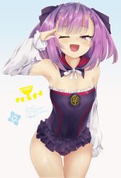 Rule 34 | 1girl, armpits, bare shoulders, black dress, breasts, detached collar, detached sleeves, dress, fate/grand order, fate (series), hair ribbon, hand up, helena blavatsky (fate), long sleeves, looking at viewer, one eye closed, open mouth, purple eyes, purple hair, ribbon, salute, short dress, short hair, small breasts, smile, solo, thighs, white sleeves, yarareimu