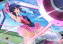 Rule 34 | 1girl, armpits, black hair, breasts, breasts apart, clothes lift, covered navel, day, detached sleeves, floating hair, highres, leotard, long hair, long sleeves, miniskirt, nyanmaru, open mouth, outdoors, pink eyes, pink skirt, pink sleeves, pleated skirt, senki zesshou symphogear, sidelocks, skirt, skirt lift, small breasts, solo, thighhighs, tsukuyomi shirabe, white thighhighs