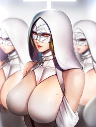 Rule 34 | 4girls, absurdres, badcompzero, bare shoulders, blonde hair, breasts, choker, collarbone, highres, hood, hood up, mask, mole, mole on breast, multiple girls, no nipples, nun, original, parted lips, red eyes, red lips, revision, turtleneck, upper body, white choker, white theme