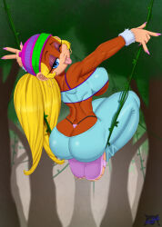 Rule 34 | 1girl, ape, artist name, ass, ass focus, back, beanie, blonde hair, blue eyes, breasts, curvy, donkey kong (series), earrings, furry, furry female, hat, hoop earrings, jewelry, jungle, large breasts, long hair, looking back, monkey girl, muscular back, nail polish, nature, nintendo, one eye closed, pants, plant, sandals, sidelocks, skin tight, smile, spaghetti strap, sweatpants, tazul242, thick thighs, thighs, thong, tiny kong, toes, toned, tongue, tongue out, twintails, underboob, very long hair, vines, whale tail (clothing), wink