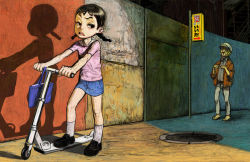 Rule 34 | 1boy, 1girl, annoyed, bad id, bad pixiv id, black hair, braid, child, kick scooter, nababa, old, old man, socks, traditional media, twin braids, vehicle, you gonna get raped