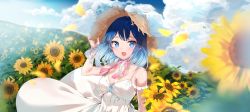 Rule 34 | 1girl, absurdres, bare shoulders, blue eyes, blue hair, blush, breasts, cheli (kso1564), choker, cleavage, cloud, commentary request, day, dress, fang, field, flower, flower field, gradient hair, hat, highres, lens flare, long hair, looking at viewer, multicolored hair, open mouth, original, outdoors, partial commentary, ribbon choker, sleeveless, sleeveless dress, smile, solo, spaghetti strap, standing, sunflower, sunflower field, sunlight, white dress