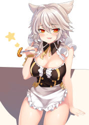 Rule 34 | 1girl, :d, ahoge, alternate costume, alternate eye color, apron, bare arms, bismarck (warship girls r), blush, bow, breasts, buttons, cleavage, cowboy shot, double-breasted, eyebrows, eyelashes, fang, food, fork, frilled apron, frills, hair between eyes, hair flaps, holding, large breasts, maid, o-yatsu, open mouth, orange eyes, ribbon, sausage, short hair, simple background, sitting, smile, solo, star (symbol), starry background, waist apron, warship girls r, white hair, wrist ribbon, yellow bow, yellow ribbon