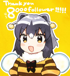 Rule 34 | 1girl, absurdres, animal ears, antennae, bee costume, black bow, black hair, blush stickers, bow, common raccoon (kemono friends), eyelashes, fake wings, fur collar, grey hair, hair between eyes, highres, kemono friends, looking at viewer, open mouth, raccoon ears, shirt, short hair, solo, striped clothes, striped shirt, suicchonsuisui, thank you, upper body, wings, yellow background