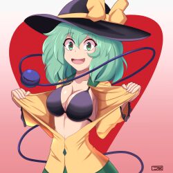 Rule 34 | 1girl, :d, absurdres, black bra, black hat, bow, bra, breasts, cleavage, commentary, english commentary, gradient background, green eyes, green hair, hat, hat bow, heart, heart-shaped pupils, heart background, highres, julian belkan, komeiji koishi, large breasts, long sleeves, looking at viewer, mixed-language commentary, open mouth, pink background, shirt, signature, smile, solo, symbol-shaped pupils, third eye, touhou, underwear, upper body, yellow bow, yellow shirt