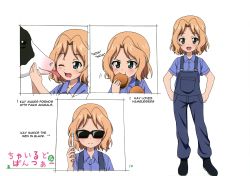 Rule 34 | 10s, 1girl, absurdres, blonde hair, cow, eating, girls und panzer, glasses, highres, kay (girls und panzer), kazumi yu, men in black, multiple views, overalls, parody, short hair, sunglasses, translated, aged down
