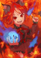 Rule 34 | 1girl, animal ears, bell, blue fire, bow, braid, cat ears, dress, fangs, fire, flaming skull, ghost, green dress, highres, hitodama, holding, holding skull, kaenbyou rin, leg ribbon, looking at viewer, nail polish, neck bell, open mouth, puffy sleeves, red bow, red eyes, red hair, red nails, ribbon, skull, slit pupils, sparks, synonym xxxx, touhou, twin braids