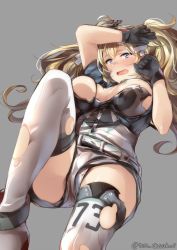 Rule 34 | 1girl, belt, black gloves, blonde hair, blue eyes, blush, boots, breasts, gambier bay (kancolle), gloves, grey background, juurouta, kantai collection, large breasts, long hair, looking at viewer, one-hour drawing challenge, open mouth, shirt, shorts, simple background, solo, thighhighs, torn clothes, torn shirt, torn shorts, torn thighhighs, twintails