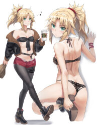 Rule 34 | 1girl, ahoge, ass, back, bare arms, bare shoulders, black bra, black footwear, black jacket, black panties, black pantyhose, blonde hair, blush, bra, braid, breasts, butt crack, choker, closed mouth, collarbone, commentary, cropped legs, cup, disposable cup, earrings, fang, fate/apocrypha, fate/grand order, fate (series), from behind, full body, green eyes, hair ornament, hair scrunchie, half up braid, high-waist shorts, highres, holding, holding cup, jacket, jewelry, long hair, looking at viewer, looking back, mordred (fate), mordred (fate/apocrypha), multiple views, musical note, navel, o-ring, o-ring choker, open clothes, open fly, open jacket, panties, pantyhose, parted bangs, ponytail, red scrunchie, scrunchie, shiny skin, shirt, shorts, shoulder blades, sidelocks, simple background, sleeveless, sleeveless shirt, small breasts, smile, spoken musical note, standing, standing on one leg, tonee, underwear, white background