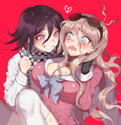 Rule 34 | 1boy, 1girl, ahoge, animal collar, antenna hair, black gloves, black hair, blonde hair, blush, breasts, chain, chained, checkered clothes, checkered scarf, cleavage, collar, commentary request, danganronpa (series), danganronpa v3: killing harmony, gloves, goggles, goggles on head, grin, hair between eyes, heart, iruma miu, large breasts, long hair, long sleeves, medium hair, messy hair, open mouth, oma kokichi, purple eyes, purple hair, red background, scarf, simple background, smile, straitjacket, sweat, thighhighs, white thighhighs, zuizi