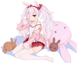 Rule 34 | azur lane, collarbone, laffey (azur lane), light purple hair, long hair, looking at viewer, red eyes, shirt, sitting, solo, stuffed animal, stuffed toy, thighhighs, twintails, waking up, white background, white thighhighs