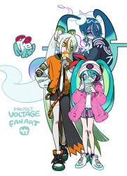 Rule 34 | 3girls, aqua hair, beanie, creatures (company), fighting miku (project voltage), floating, game freak, gen 4 pokemon, ghost miku (project voltage), gradient hair, green eyes, hat, hatsune miku, highres, jacket, letterman jacket, looking at another, miniskirt, multicolored hair, multiple girls, necktie, nintendo, pokemon, project voltage, psychic miku (project voltage), rotom, rotom phone, shoes, simple background, skirt, smile, sneakers, take (illustrator), twintails, two-tone hair, vocaloid, white hair