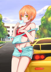 Rule 34 | 10s, 1girl, absurdres, bare arms, bare shoulders, bikini, blurry, breasts, building, crop top, day, denim, denim shorts, depth of field, food, green eyes, hair between eyes, highres, hoshizora rin, looking at viewer, love live!, love live! school idol project, mazda rx-7, mazda rx-7 fd, natsuiro egao de 1 2 jump!, outdoors, panties, popsicle, red bikini, red panties, short hair, shorts, small breasts, solo, stomach, strap slip, swimsuit, taotao, tree, underwear