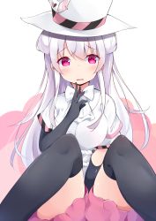 Rule 34 | 1girl, beatmania, beatmania iidx, black gloves, black thighhighs, blush, bow, breasts, brooch, character request, commentary request, double bun, elbow gloves, gloves, hair between eyes, hair bun, hat, heart, highres, jewelry, kyuukon (qkonsan), long hair, medium breasts, parted lips, pink shorts, purple eyes, shirt, shorts, side bun, silver hair, solo, thighhighs, top hat, very long hair, white bow, white hat, white shirt