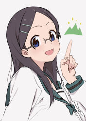 Rule 34 | 1girl, black hair, blue eyes, blush, commentary, dot nose, glasses, hair ornament, hairclip, ikumono, long hair, looking at viewer, mountain, open mouth, pointing, saitou kaede (yama no susume), school uniform, simple background, solo, white background, yama no susume